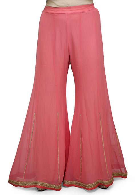 Faux Georgette Palazzo in Pink This Readymade Piece with Shantoon Lining is Beautifully Enhanced with Gota Patti Work ThePalazzo Waist is Elasticated and Adjustable with a Draw String Do Note: Slight Color may Vary Kurti Plazzo Designs Latest, Plazo Designs Latest Style, Plazzo Designs, Plazo Designs, Georgette Palazzo, Plazo Pants, Women Trousers Design, Long Blouse Designs, Sharara Designs