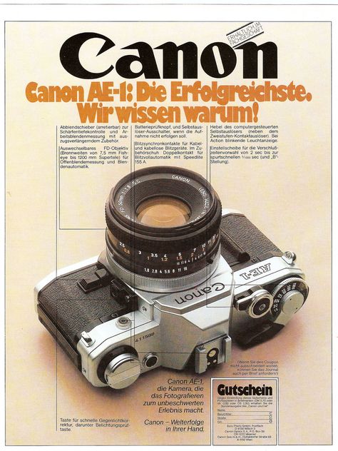 https://flic.kr/p/4mmw7m | Canon "AE-1" SLR (1978) Photography Ads, Camera Advertisement, Camera Ads, Photo Advertising, Vintage Camera Lens, Fotocamere Vintage, Canon Cameras, Analog Camera, Olympus Camera