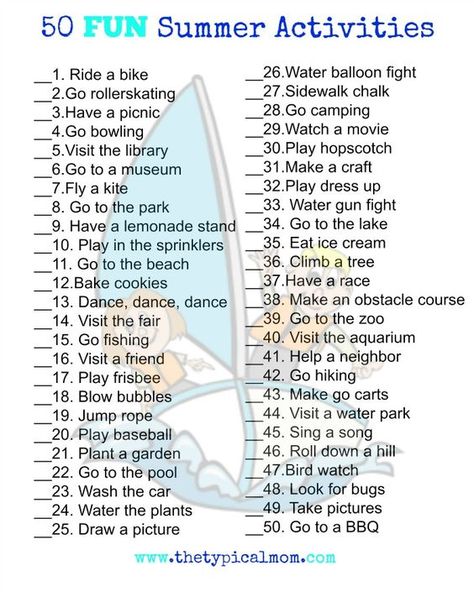 50 Fun Summer Activities you can print out. Free summer checklist printable with lots of free summer activities to do with your kids! Activities List, Free Summer Activities, Babysitting Activities, Summer Checklist, Summer To Do List, Checklist Printable, What To Do When Bored, Cheap Things To Do, Fun Summer Activities