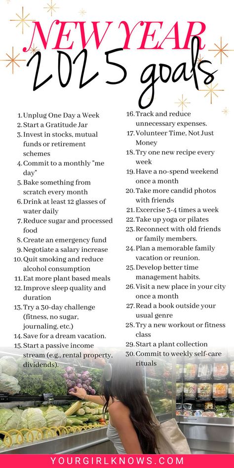 Ever wonder why every New Year starts with a sky-high stack of resolutions, only to end up as a forgotten footnote in February? But not anymore! With thsese realistic and fun new year goals, yoiu're bound to be the new you this year!  Check the out! How I Changed My Life In One Year, Personal Goals List Ideas New Year's Resolutions, New Year To Do List Good Ideas, Things To Do At The End Of The Year, New Year Diet Challenge, New Years Life Changes, New Year Revolution 2025, New Years Eve Bucket List, New Year Glow Up Challenge