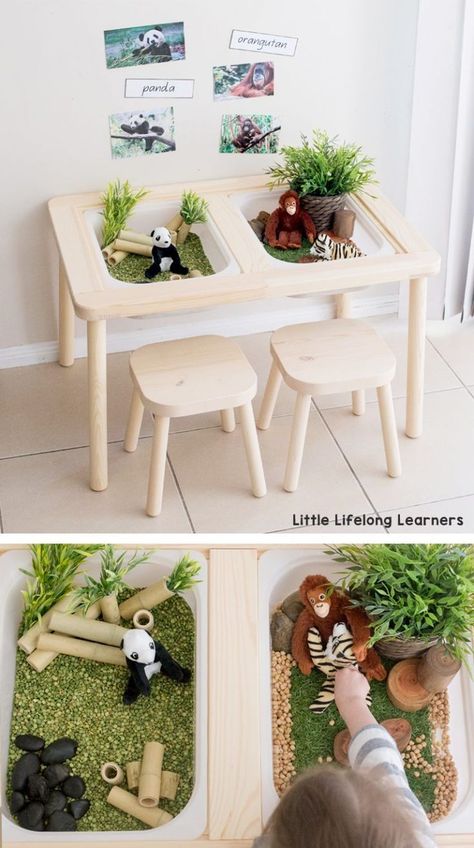 IKEA FLISAT sensory table | Sensory play tub ideas for toddlers and preschoolers | play ideas for the early years | IKEA in the home and classroom | IKEA hacks | Endangered animals DJUNGELSKOG range | Classroom Ikea, Baby Zimmer Ikea, Flisat Sensory Table, Playroom Montessori, Ikea Flisat, Hacks Ikea, Montessori Playroom, Table Ikea, Ikea Kids