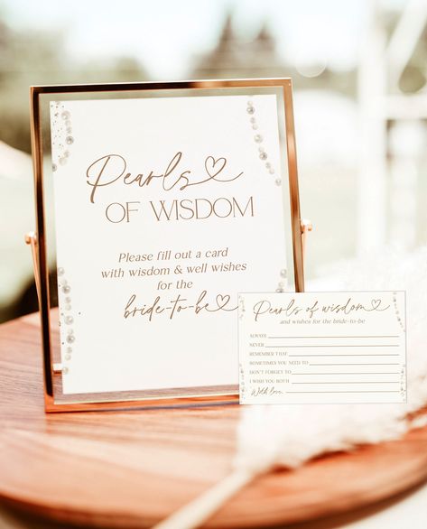 This Pearls of Wisdom Sign features watercolor pearls to add some fun to your Pearls and Prosecco Bridal Shower or special event! After you place your order, you will receive an email from Templett with access to your self-editable template where you will be able to customize all your own details! (Please ensure the email linked to your Etsy account is up to date.) Templett is an online application editor that allows you to completely personalize your printable directly in your browser. Great ne Bridal Shower Theme Unique, Pearls And Bows Bridal Shower Theme, Bridal Shower Advice Ideas, Pearls And Prosecco Engagement Party, Pearls And Persecco Bridal, Bridal Shower Ideas Pearls And Prosecco, Oyster Bridal Shower Theme, A Little Pearl Is On The Way, Champagne And Pearls Bridal Shower Theme