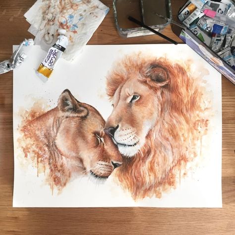 Lioness and Lion by Kathrin Schwarz Lion And Lioness Painting, Lion And Lioness Drawing, Lioness Artwork, Lioness Painting, Lion Nursery Art, Love Canvas Painting, Lion Canvas Art, Lion Wall Art, Canvas For Beginners