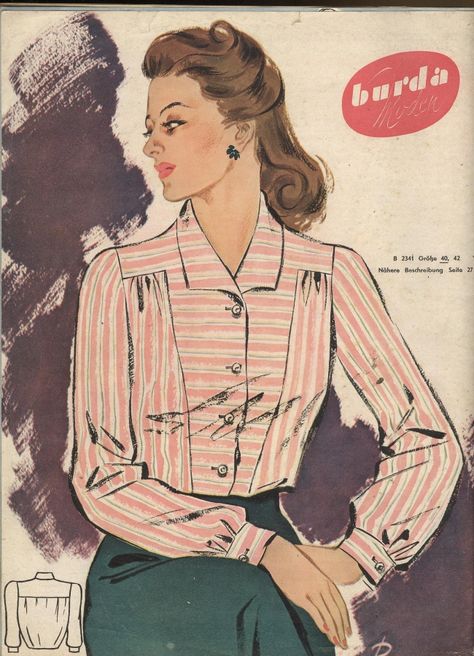 1950 Blouse 1950 Blouse, Blouse Illustration, 1940s Dress Pattern, Wwii Fashion, Vintage Fashion 50s, Forties Fashion, Vintage Fashion 1930s, Patron Vintage, Fashion 50s