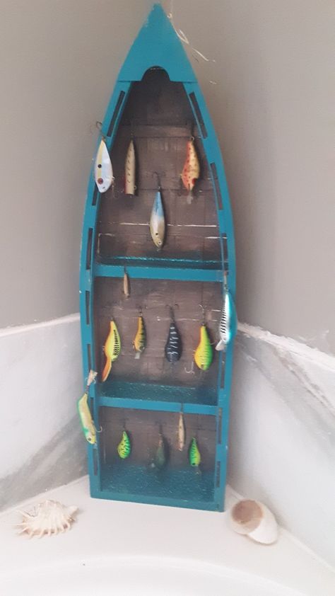 Lure Display Ideas, Fishing Lure Display Ideas, Fishing Lure Display, Fishing Pole Display Boy Rooms, Fishing Room Decor, Shadow Box For Fishing Lures, Diy Fishing Decor, Fishing Lures Display Driftwood, Lure Display