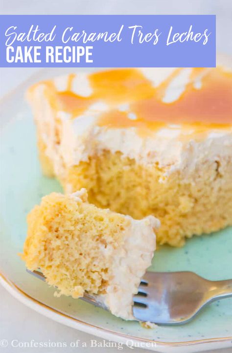 Salted Caramel Tres Leches Cake is drenched with Condensed Milk, Evaporated Milk, Half & Half and Salted Caramel finished with homemade Salted Caramel. You will love this recipe, perfect for a special taco Tuesday or even cinco de mayo!   #cbqbakes #homemadecake #treslechescake #cincodemayo #tacotuesday #makeaheadrecipes via @lizwaterson Caramel Crepe Cake, Caramel Tres Leches Cake, Caramel Toffee Recipe, Caramel Pastry Cream, Caramel Pastry, Different Kinds Of Cakes, Homemade Salted Caramel, Tres Leches Cake Recipe, Leches Cake