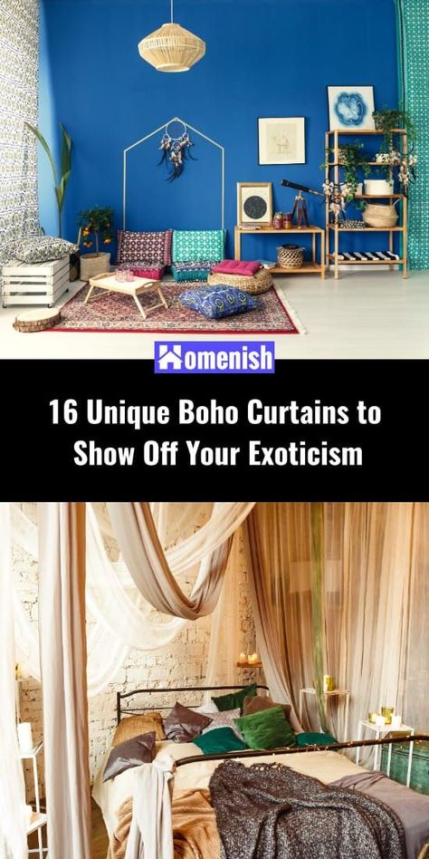 Why hang a pair of plain window dressings when you can opt for unique boho curtains? Filled with intriguing patterns and colors, these exotic curtains will bring out your artistic and carefree character. Unique Curtains Bedroom, Boho Curtain Ideas, Bohemian Window Treatments, Curtain Ideas Bedroom, Boho Curtains Living Room, Boho Window Treatments, Curtain Ideas For Living Room, Bedroom Window Design, Unique Window Treatments