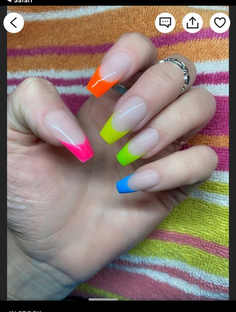 Colorful French Tip Nails Square, French Neon Nails, Neon Tip Nails, Neon French Tip Nails, Neon French Nails, Rainbow French Tip Nails, Press On Nails French Tip, Tip Manicure, Rainbow French