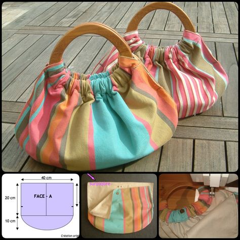 DIY of making your own gorgeous wooden handle bag. It could be used for a variety of purposes, such as a carryall for small items or as a summer bag. Dompet Koin Diy, Wooden Handle Bag, Tas Denim, Corak Menjahit, Sac Diy, Diy Bag Designs, Diy Bags Patterns, Diy Bags Purses, Costura Diy