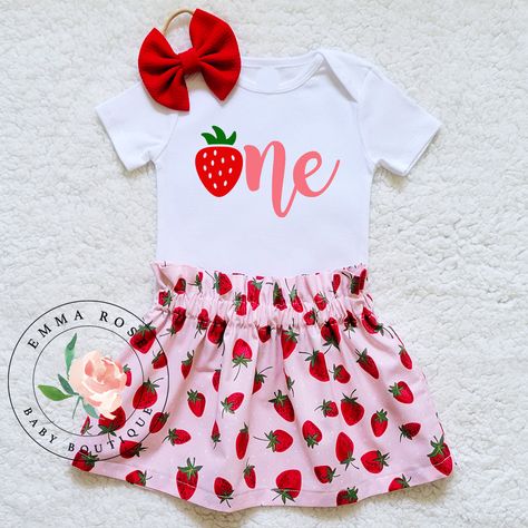 Strawberry first birthday outfit with a matching hair bow.  Strawberry one birthday shirt with a light pink and red strawberry skirt. Berry First Birthday Outfit, Neutral Bodysuit, Strawberry Skirt, Berry 1st Birthday, Fruit Birthday Party, First Birthday Outfit Girl, Berry First Birthday, Strawberry Shortcake Party, Strawberry Shirt