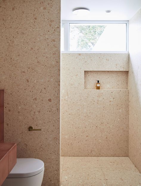 Ensuite Bathroom Ideas Terrazzo, Terrazzo And Wood Bathroom, Terrazo Tile Bathroom Ideas, Terrazzo Floor Bathroom, Terrazzo Tile Bathroom, Terrazzo Tiles Bathroom, Pink Terrazzo Tile, Bathroom Terrazzo, Terazzo Floor