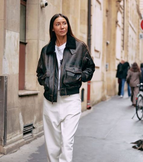 Effortless style in motion: Julia rocks The Row faded leather jacket, blending vintage vibes with modern street style. Photos by @romilux @sandrasemburg @lookwhatyoumademesee #StreetStyle #TheRow #EffortlessChic #TheRowJacket #PFW2024 Julia Pelipas, Julie Pelipas, Preppy Trends, Best Loafers, Modern Street Style, Khaki Colour, Street Style Photos, Minimal Outfit, Effortless Chic