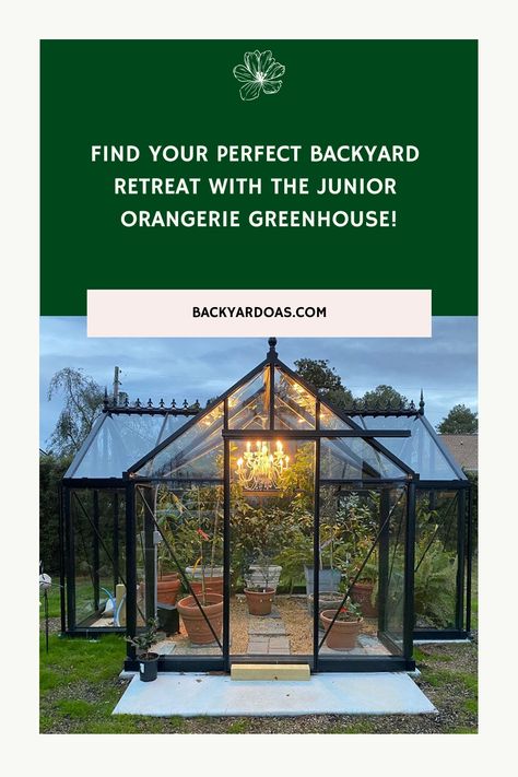 Exaco Junior Orangerie Greenhouse lit by a chandelier at dusk, showcasing lush interior plantings, framed by a residential garden. Orangerie Greenhouse, Resin Sheds, Natural Gas Fire Pit, Concrete Fire Pits, Backyard Greenhouse, Fire Pit Grill, Perfect Backyard, Propane Fire Pit, Diy Greenhouse