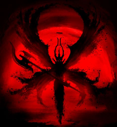 Horned Demon, 2d Illustration, His Hands, Red And Black, The Sky, Stock Illustration, Moon, Red