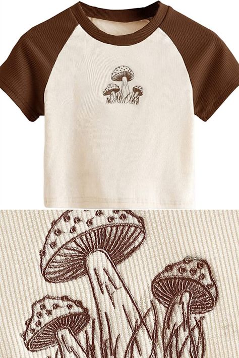 Cute mushroom shirt for summer days! #ad💅 Mushroom Shirt Design, Mushroom Shirts, Mushroom Clothing, Mushroom Core, Aesthetic Mushroom, Cartoon Mushroom, Mushroom Shirt, Cute Mushroom, Brown Shirt