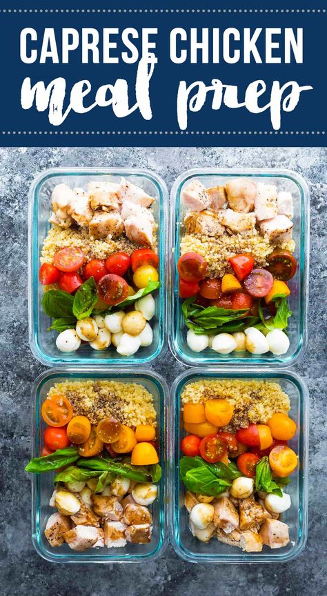 Caprese chicken salad meal prep bowls bring a dose of summer to your lunch. With baked chicken, fresh cherry tomatoes, baby bocconcini, quinoa and basil leaves all drizzled in a balsamic vinaigrette. #sweetpeasandsaffron #mealprep #salad #chicken #quinoa Chicken Salad Meal Prep, Prep Lunch Ideas, Meal Prep Lunch Ideas, Easy Meal Prep Lunches, Salad Meal Prep, Healthy Lunch Meal Prep, Prep Bowls, Caprese Chicken, Lunch Bowl