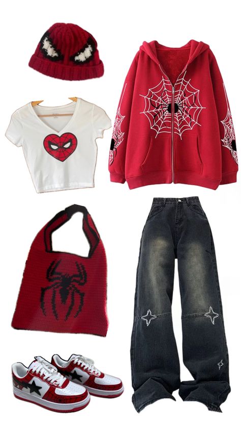 Matching Spiderman Outfits, Spider Man Outfits Ideas Woman, Crochet Spiderman Sweater, Spiderman Aesthetic Outfit, Spider Man Fit, Spiderman Fits, Spider Man Outfits Ideas, Spider Man Outfits, Spiderman Outfit Ideas