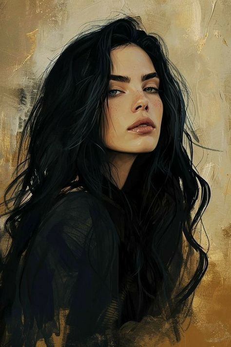 Woman With Long Black Hair, Painting Of A Woman, Female Character Inspiration, Long Black Hair, Fantasy Aesthetic, Fantasy Inspiration, Malbec, Book Inspiration, Character Aesthetic