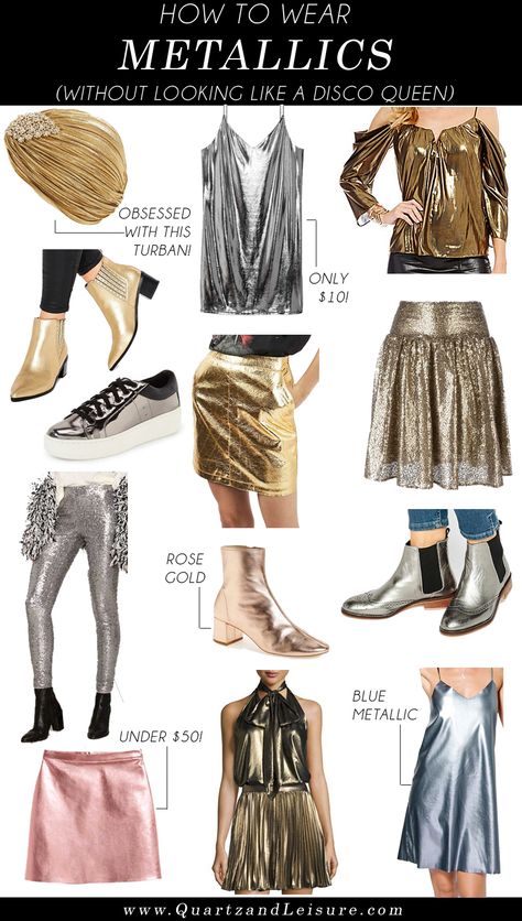 Metalic Outfits Ideas, Metallic Top Outfit, Metallics Fashion, Metallic Outfit Ideas, Metallic Clothing, Metallic Outfit, Metallic Fashion, Outfits Edgy, Disco Fever