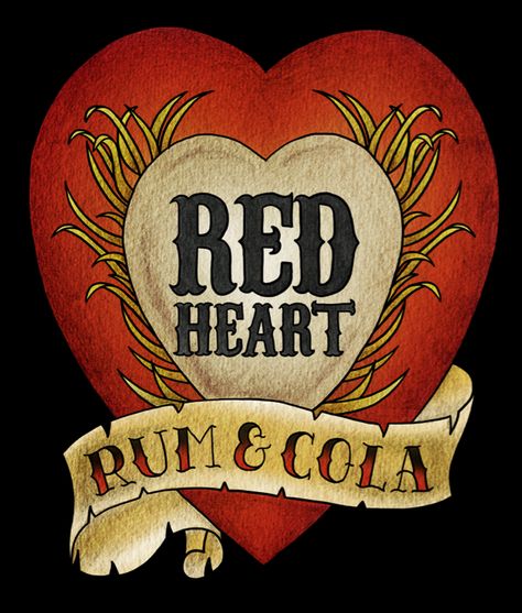 RDT label design for Red Heart Rum.  Illustrator: AMI collective Cocktail Drinks, Label Design, Christmas Nails, Red Heart, Small Tattoos, Rum, Illustrator, Drinks, Tattoos