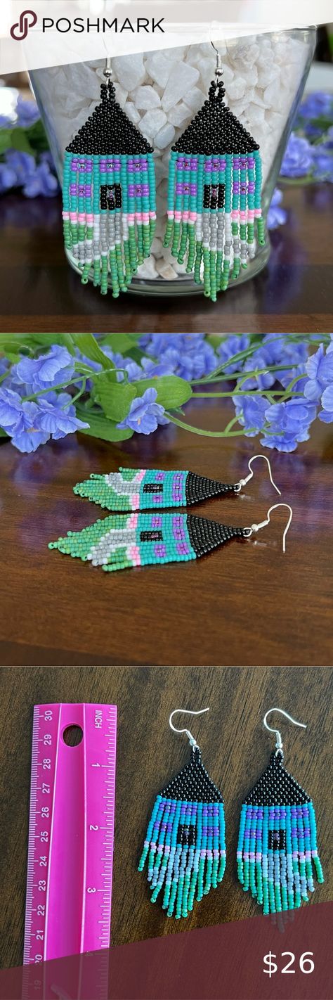 BOHO Seed Bead Fringe Earrings House Homeowner Sidewalk Blue Green Handmade Stamp Earrings, Seed Bead Fringe Earrings, Bead Fringe Earrings, Stamped Earrings, Bead Fringe, Beaded Fringe, Bead Stringing, Ear Hook, Fringe Earrings