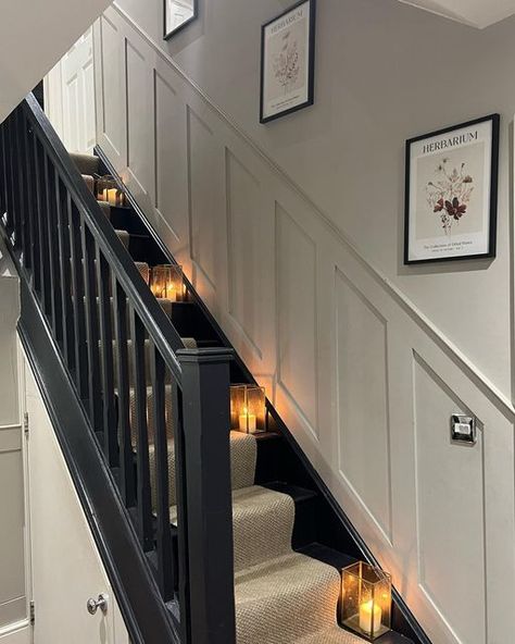 Hall Stairs Landing Ideas, Hallway Panelling Black Stairs, Hallway Banister Ideas, Black Staircase Panelling, Black Banister Hallway Ideas, Black Banister Hallway, Black Stair Panelling, Hallway Black Banister, Black Bannister Ideas