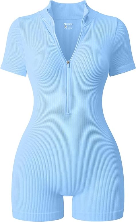 OQQ Women Rompers Ribbed Short Sleeve Zip Front Stretch Tummy Control Yoga Workout Rompers Blue Romper Outfit, Mc Ig, Bodycon Romper, Play Suit, Body Suit Outfits, Cute Lazy Day Outfits, Ribbed Shorts, Blue Romper, Lazy Day Outfits