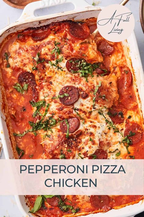 This Pepperoni Pizza Chicken recipe is the best of both worlds, chicken and pizza! This comfort food dish comes together in under an hour and is sure to be requested by the whole family often! Pepperoni Pizza Chicken Bake, Pepperoni Chicken Bake, Pepperoni Stuffed Chicken, Chicken Pizza Casserole, Chicken Breast Pizza, Pepperoni Pizza Chicken, Pizza Chicken Bake, Chicken Pepperoni, Oven Baked Pizza