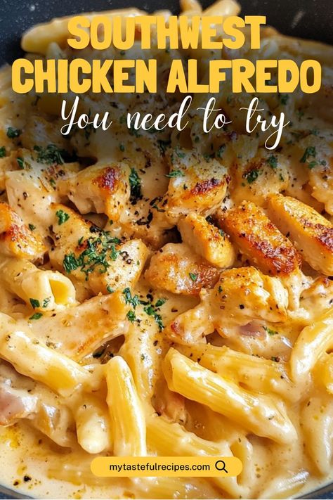 This Southwest Chicken Alfredo combines creamy Alfredo sauce with bold southwest flavors, juicy chicken, and just the right amount of spice. Perfect for a quick weeknight dinner! South West Chicken, Southwest Chicken Alfredo, Creamy Southwest Chicken, Southwest Ranch, Creamy Alfredo Sauce, Southwest Chicken, Honey Garlic Sauce, Themed Desserts, Quick Weeknight Dinners