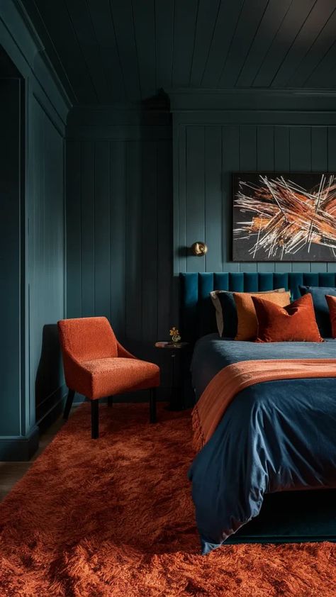 Teal Teen Bedroom, Teal Bedroom Furniture, Teal Kids Bedroom, Burnt Orange Color Scheme, Orange And Teal Bedroom, Teal And Gold Bedroom, Dark Teal Bedroom Ideas, Teal And Burnt Orange, Dark Teal Bedroom