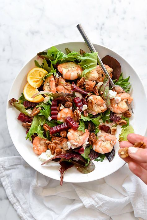 Green Salad with Shrimp, Beets, Pecans and Goat Cheese | foodiecrush.com Salad With Shrimp, Thrive Recipes, Beet And Goat Cheese, Glazed Pecans, Foodie Crush, Best Salad Recipes, Goat Cheese Salad, Roasted Beets, Beet Salad