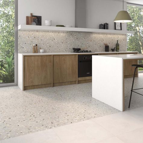 Terrazo Tiles Kitchen Floor, Terrazo Tiles Hexagon, Grey Terrazzo Floor Kitchen, Kitchen Design Terrazzo, Kitchen Flooring Terrazzo, Terrazo Tiles Kitchen, Terazzo Floor Kitchen Ideas, Terazzo Kitchen Splashback, Terazzo Kitchen Wall