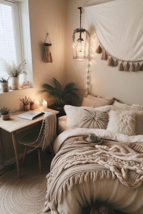 Boho Dorm Room, Country Bedroom Decor, Fall Bedroom Ideas, Boho Dorm, Cozy Fall Bedroom, Classy Bedroom, Boho Room Decor, Fall Bedroom, Small Boho