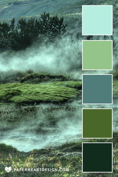 Photo of a foggy field with color palette overlay showing shades of green and blue. Moody Scenery, Color Tips, Green Color Palette, Forest Color, Stunning Hairstyles, Color Schemes Colour Palettes, Forest Green Color, Nature Color Palette, Green Colour Palette