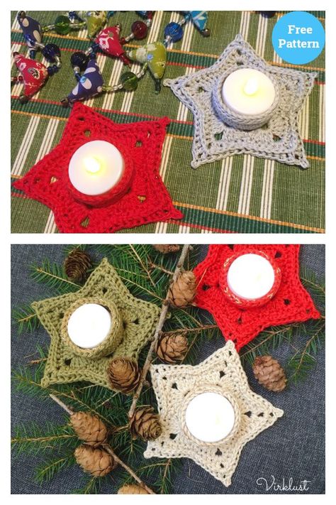 Star Tea Light Holder Free Crochet Pattern Crochet Tealight Holder Free Pattern, Crochet Tea Light Holder Free Pattern, Crochet Candle Holder Pattern, Crochet Candle Holder, Christmas Tea Light Holder, Tea Light Crafts, Crochet Candle, Holiday Crochet Patterns, Crochet Christmas Hats