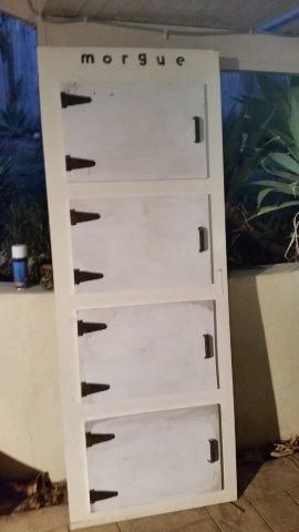 beginning of morgue doors build by HF member spicybad Haunted Hospital Halloween Decorations, Diy Halloween Morgue, Halloween Morgue Ideas, Haunted House Morgue Ideas, Haunted Asylum Ideas, Hospital Haunted House Ideas, Insane Asylum Halloween, Haunted Asylum, Black Plywood