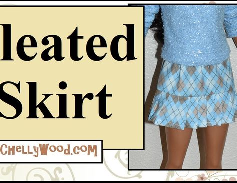 The image shows a 28-inch Mattel Best Fashion Friend Barbie doll wearing a hand-made pleated skirt, sewn with argyle fabric. It has knife pleats. The overlay says "Pleated skirt" and offers the URL ChellyWood.com as a place to find the free printable sewing patterns for this 28 inch Barbie's skirt. Chellywood Patterns, Free Doll Clothes Patterns, Free Printable Sewing Patterns, Sewing Barbie Clothes, Barbie Box, Doll Clothes Patterns Free, Knife Pleats, Printable Sewing Patterns, Box Pleat Skirt