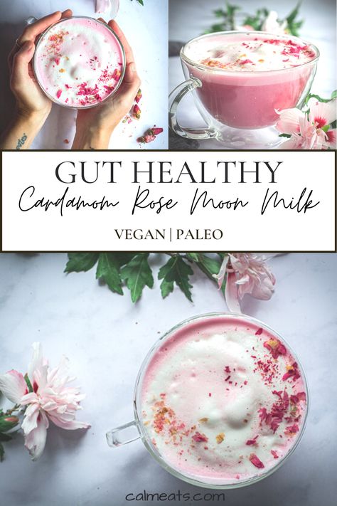 Vanilla Rose Moon Milk, Holistic Healing Drinks, Cardamom Moon Milk, Rose Moon Milk, Healthy Milk Tea, Rose Milk Recipe, Strawberry Moon Milk, Gut Healing Snacks, Full Moon Tea