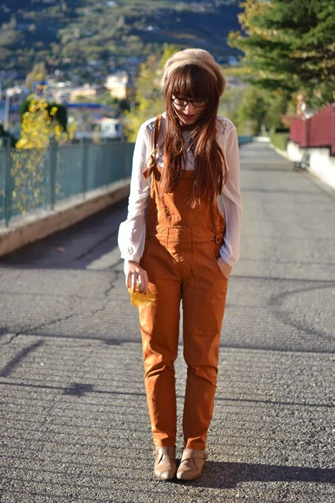 Preziosa of Marzipan. rust orange overalls on a pretty white blouse. Orange Overalls Outfit, Mushroom Cosplay, Overalls Outfit Fall, Block Images, Rust Jumpsuit, Orange Overalls, Writing Block, Overalls Outfits, Indie Clothing