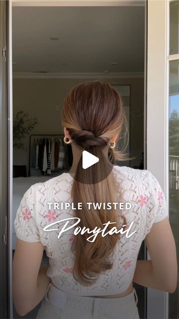 Nichole Ciotti on Instagram: "Triple Twisted Ponytail 💛  Create three equal low ponytails and secure each of them with a clear elastic. On one of the outside ponytails, create an opening above the elastic and flip the ponytail through it. Insert your thumb and index finger through the opening from the bottom. Wrap it over the middle ponytail. Gently pull the outside of both ponytails to tighten. Repeat on the other outside ponytail. I love this hack for upgrading a basic ponytail!   #hair #hairtutorial #updo #hairstyles" How To Wrap Hair Around Ponytail, 3 Ponytail Hairstyle, Crossover Ponytail, Full Ponytail Trick, Pony Hairstyles For Short Hair, Easy Ponytail Hairstyles For Long Hair, Ponytail Ideas For Short Hair, Low Ponytail Wedding Hair, Ponytail Tricks