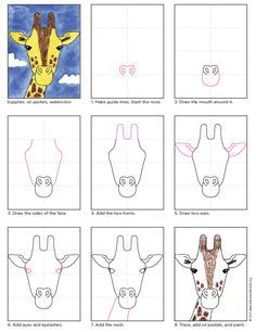 How to draw a giraffe tutorial. Art Projects for Kids. Org #howtodraw #giraffe Trin For Trin Tegning, Classe D'art, Giraffe Drawing, Animal Art Projects, Directed Drawing, Giraffe Art, A Giraffe, Homeschool Art, Guided Drawing