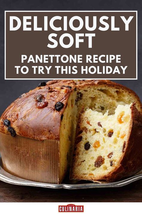 A golden dome-shaped panettone bread filled with dried fruits, with one side sliced open to reveal its fluffy interior. Panetone Recipe Italian Christmas, Italian Sweet Bread Recipes, Panatone Bread Recipe, Panatone Bread Italian Christmas, Pannetone Recipe Desserts, Pannetone Recipe, Panetone Recipe, Panettone Recipe Italian, Panforte Recipe