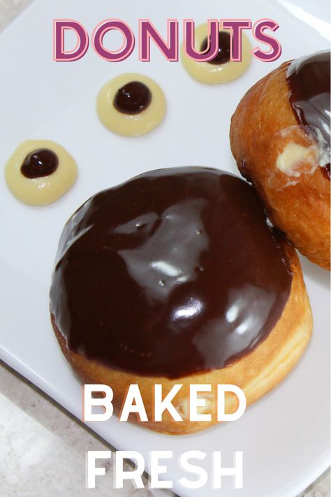 Baked Boston Cream Donut Recipe, Baked Cream Filled Donut Recipes, Custard Filled Doughnut, Boston Cream Donut Recipe, Boston Cream Doughnut Recipe, Sufganiyot Recipe, Cream Donut Recipe, Kosher Desserts, Boston Cream Pie Recipe