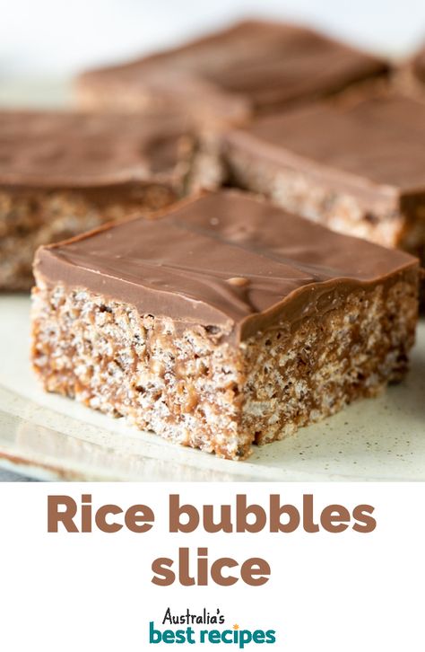 This easy rice bubble slice can be whipped up in no time and it sets in the fridge in under an hour. The kids will love it! #slice #dessert Rice Bubble Biscuits, Chocolate Rice Bubble Slice, Rice Cookies Recipes, Rice Bubbles Recipes, Quick And Easy Slice Recipes, Condensed Milk Slice Recipes, Easy Slices No Bake, Gluten Free Slice, Easy Slice Recipes