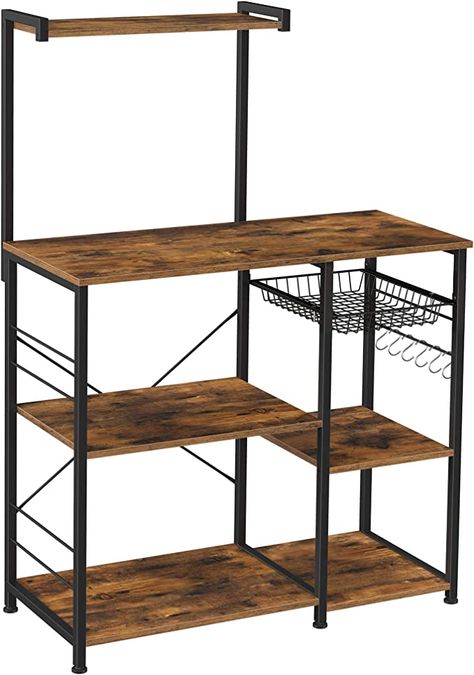 Vasagle Baker’s Rack with Shelves, Microwave Stand with Wire Basket, 6 S-Hooks, Kitchen Shelf, Utility Storage for Spices, Pots, and Pans, Rustic Brown Bakers Rack Kitchen, Rustic Industrial Kitchen, Baker's Rack, Microwave Stand, Utility Shelves, Kitchen Storage Shelves, Bakers Rack, Utility Storage, Spice Storage