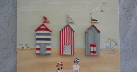 Cuadro marinero begotelas. Lienzo pintado a mano con motivos marineros y en relieve con telas. Medidas:50x60 Sailor Decor, Nautical Crafts, Beach Hut, Wire Crafts, Little House, Colorful Pictures, Diy Cards, Make And Sell, Wood And Metal