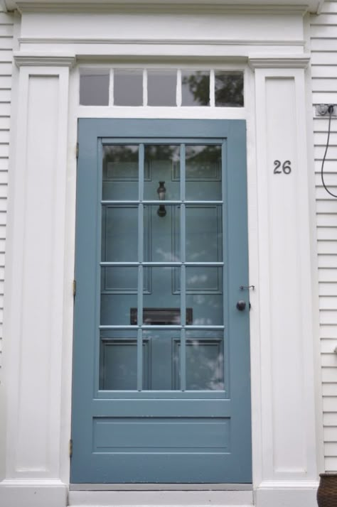 Painted Storm Door, Painted Exterior Doors, Exterior Door Designs, Diy Screen Door, Front Door Interior, Blue Front Door, Storm Doors, Farmhouse Front Door, Door Paint Colors