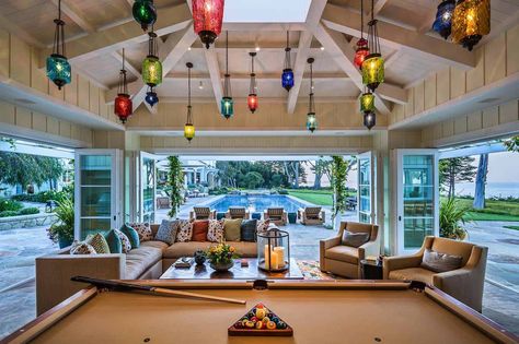 Outdoor Gathering Space, Outdoor Sitting Area, Outdoor Gathering, House Games, Outdoor Dining Spaces, Coastal Retreat, Games Room, California Homes, Pool Table