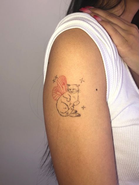 Cat With Butterfly Wings Tattoo, Angel Kitty Tattoo, Cat With Bow Tattoo, Angel Cat Tattoo Pet Memorials, Cat Patchwork Tattoo, Cat With Angel Wings Tattoo, Cat With Wings Tattoo, Angel Cat Tattoo, Kitten With Wings