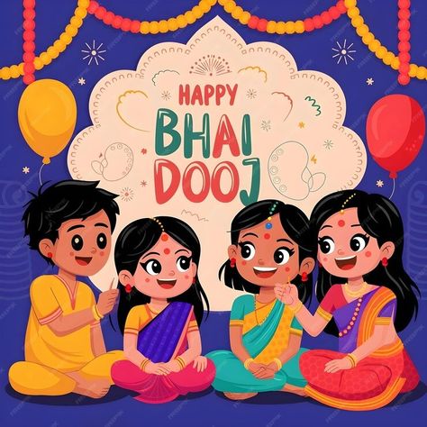 A poster for a happy indian family with a banner that says happy bhai dooj vector illustration | Premium AI-generated image Happy Bhai Dooj Images, Bhai Dooj Images, Happy Diwali Images Hd, Happy Bhai Dooj, Devi Images, Devi Images Hd, Bhai Dooj, Happy Diwali Images, Indian Family